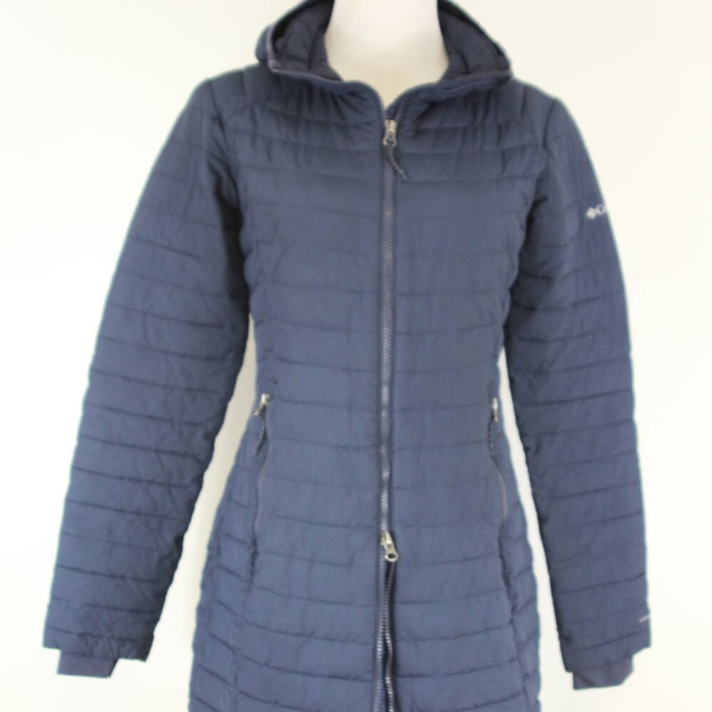 Columbia Women’s Omni-Heat Long Hooded Puffer Jacket — Navy — Size Small